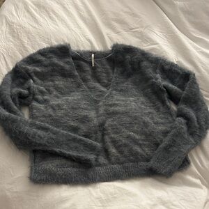 Free People Charcoal Gray Fuzzy V-Neck Sweater
